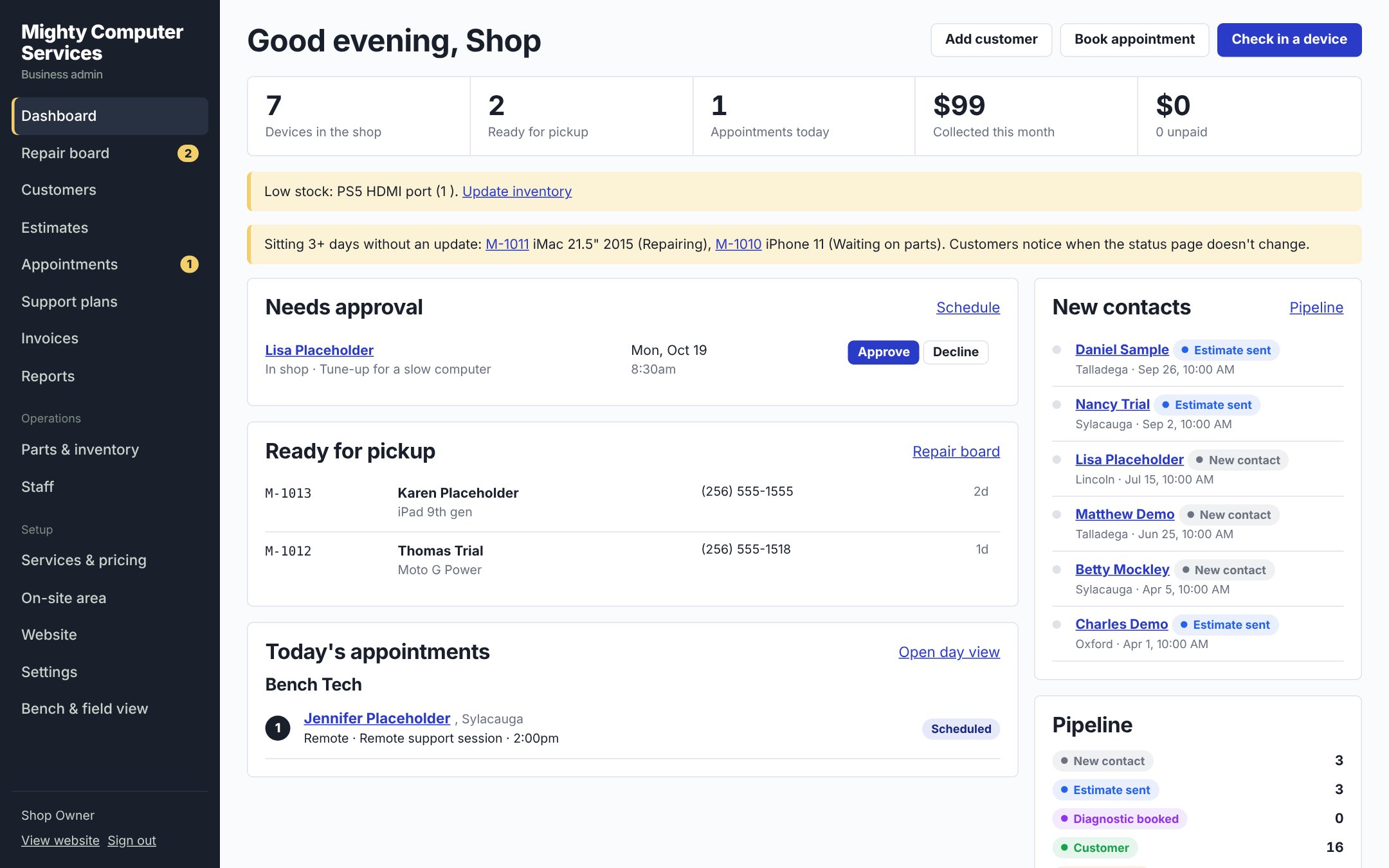 Owner dashboard: what's ready, what's stuck, and today's appointments