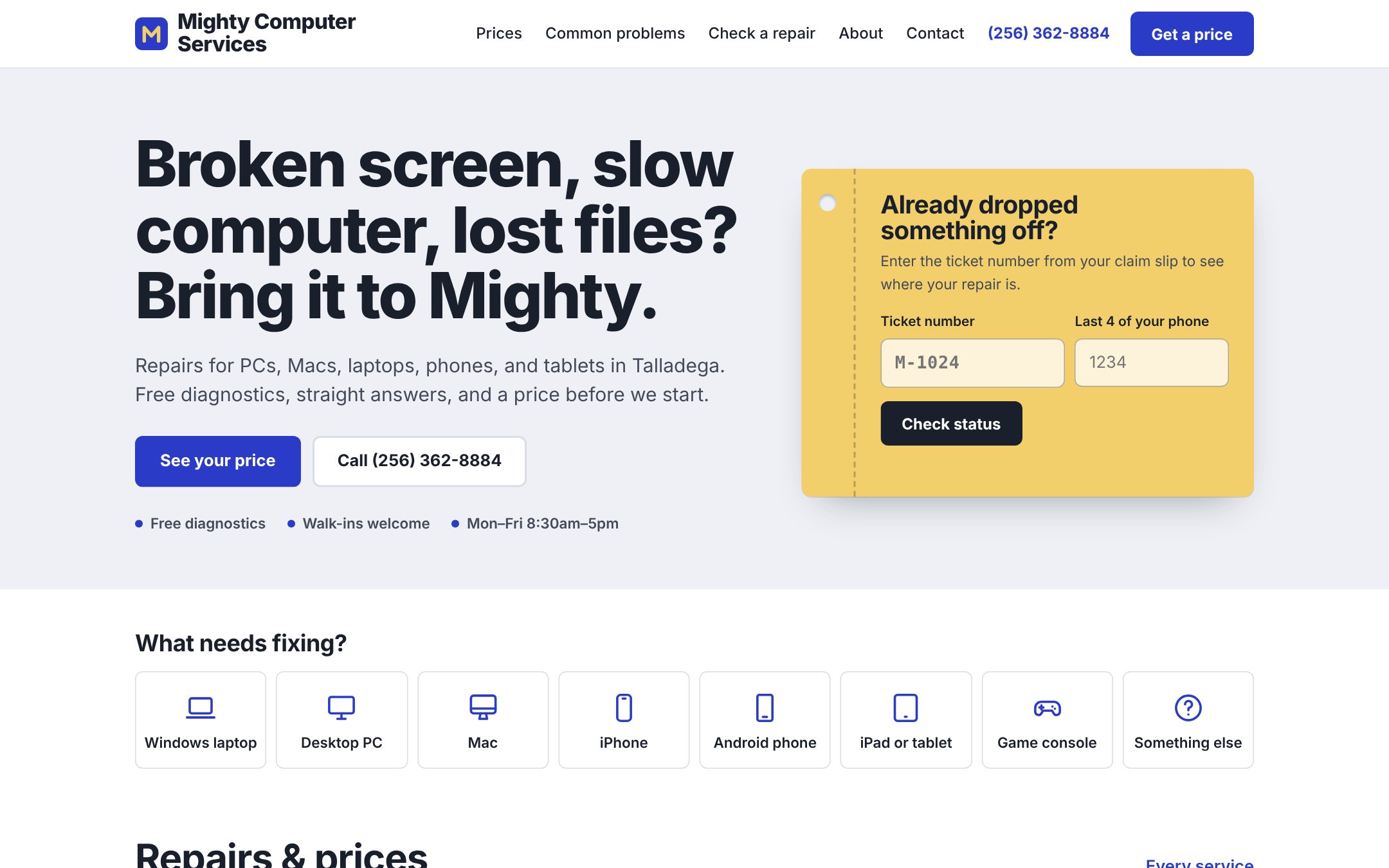 Home page with the claim-ticket lookup and device picker