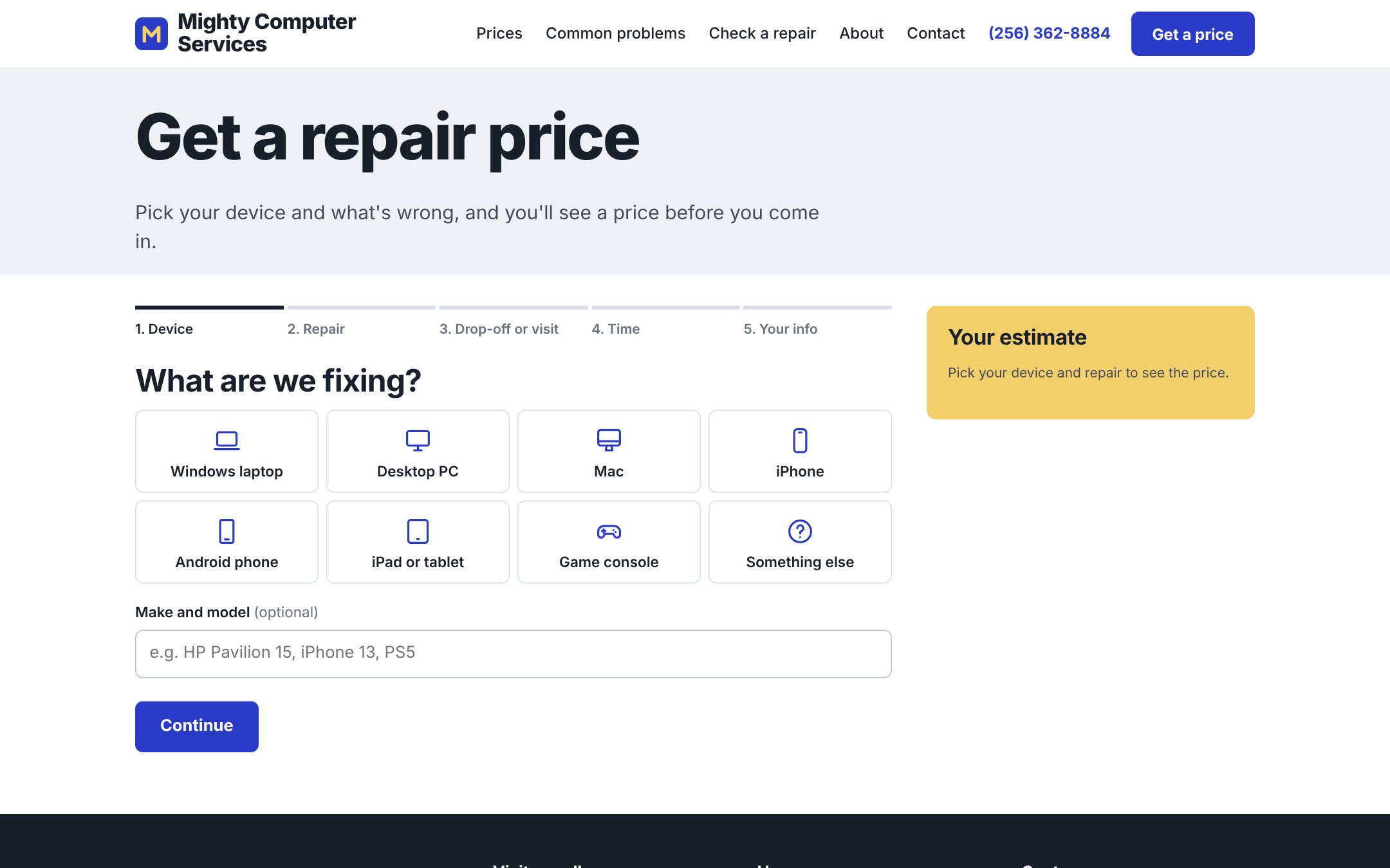 Online estimate: pick the device and the repair, see the price