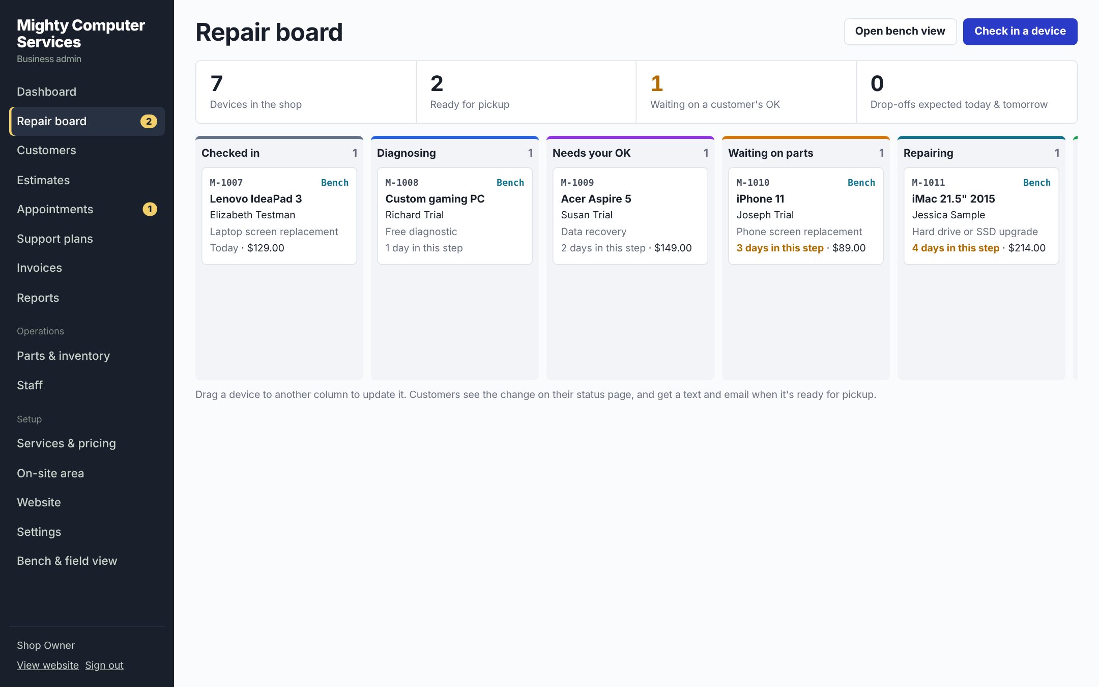 Repair board: every device in the shop, from check-in to ready for pickup