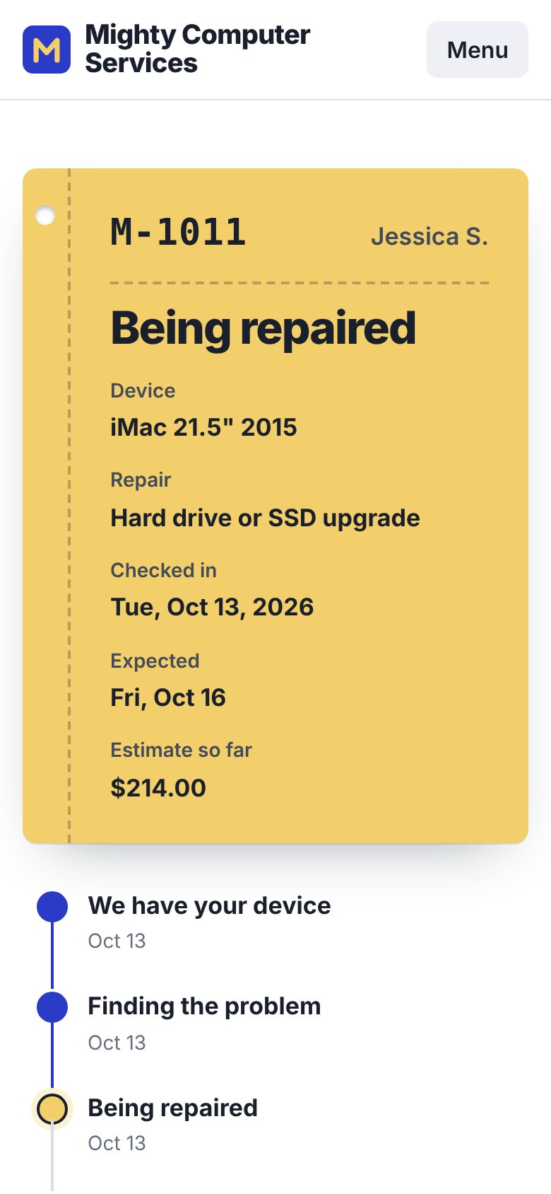 Customers check their repair with the ticket number