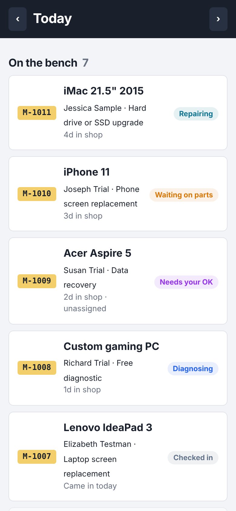 Bench view on a phone: notes, parts, and one-tap Ready for pickup
