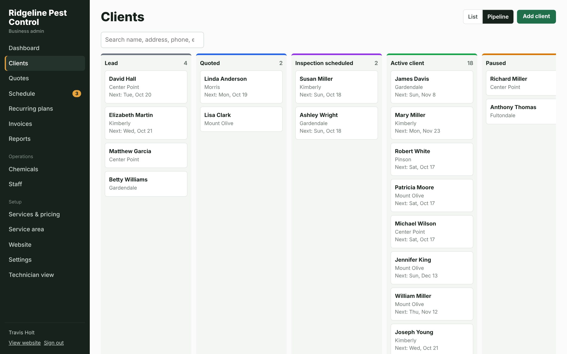 Client pipeline, drag to move people from lead to active