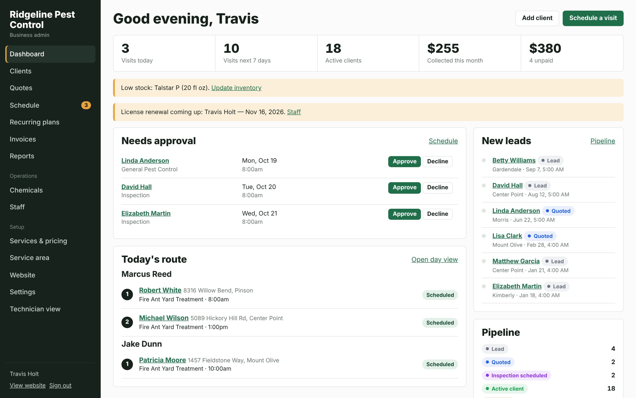 Owner dashboard: today's route, requests waiting for approval, and new leads