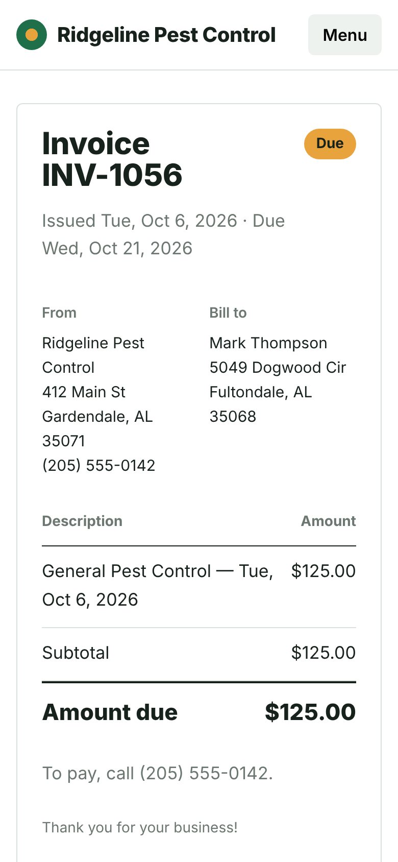 An invoice with online card payment