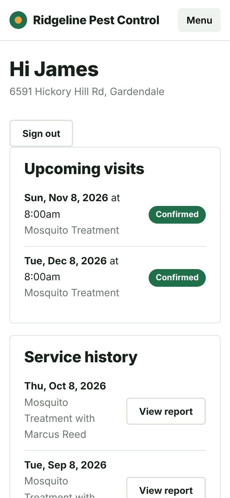 Customer portal: visits, reports, and the plan they're on