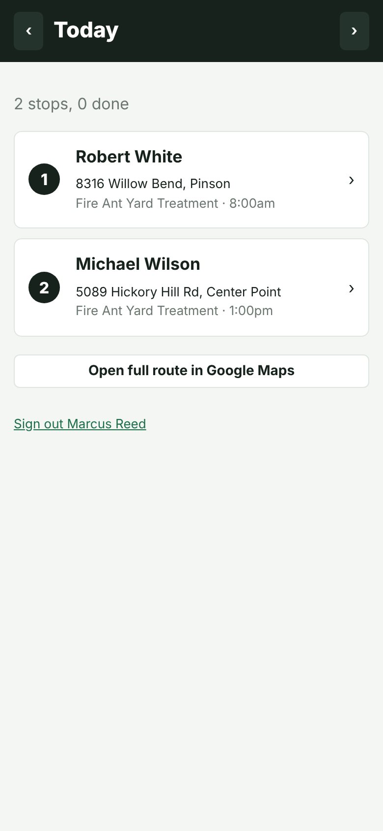 Technician phone view: today's stops