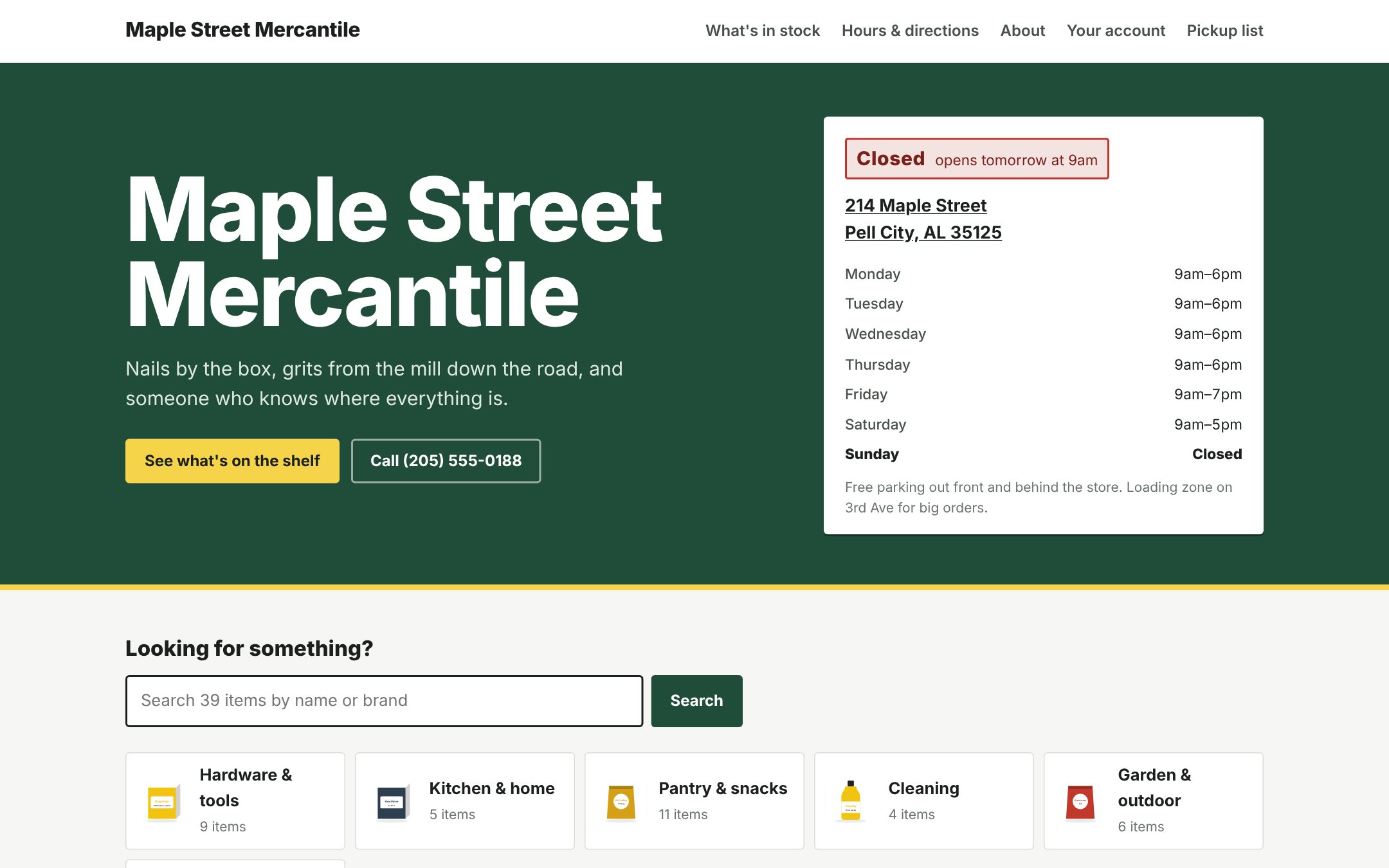 Home page: open or closed right now, hours, and what's on the shelf