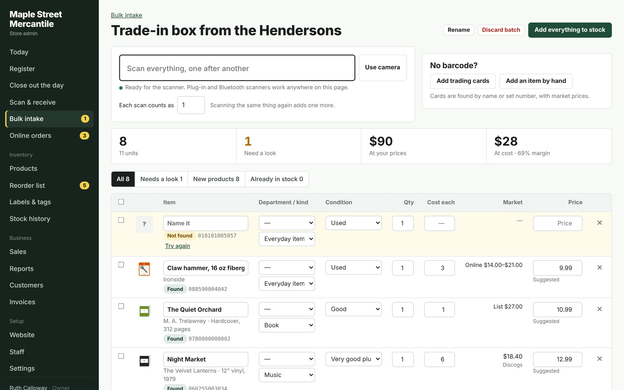 Bulk intake: scan a whole box, then fix names and prices with suggestions from game, card, book and record prices