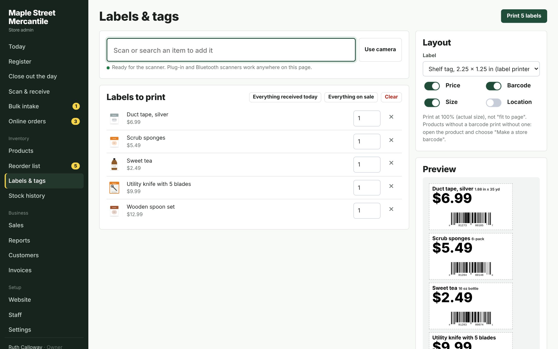 Shelf tags and barcode stickers for a label printer or Avery sheets