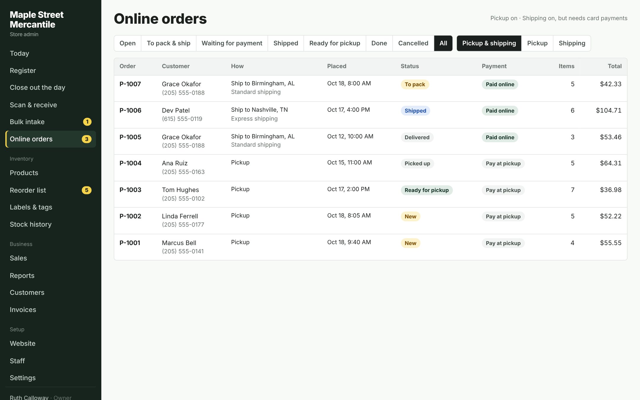 Online orders: pickup and shipping in one list, from packing slip to tracking number