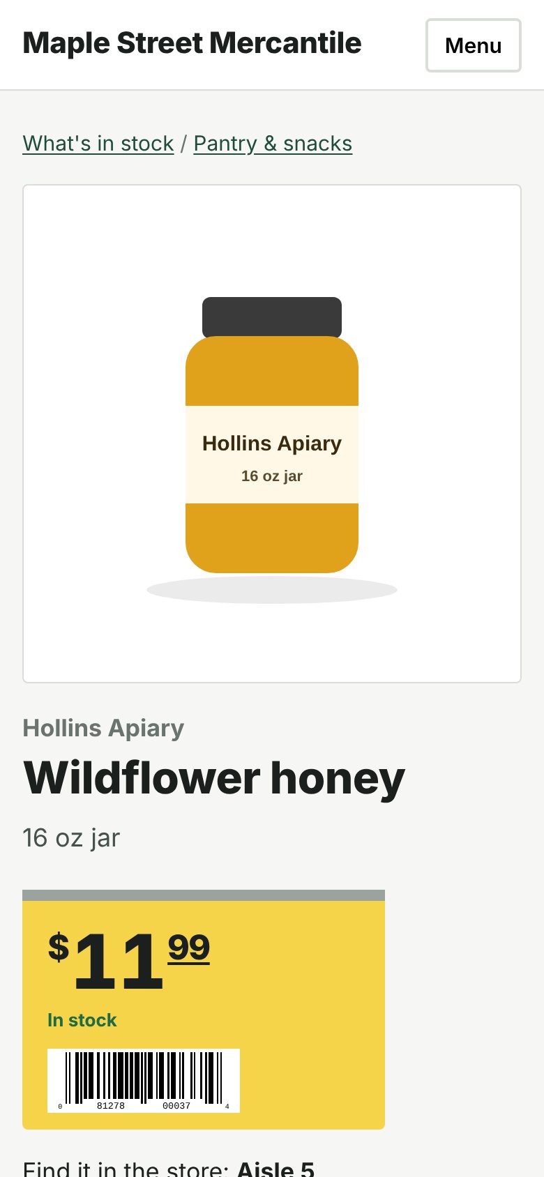 Product page with the shelf tag, where it is in the store, and pickup