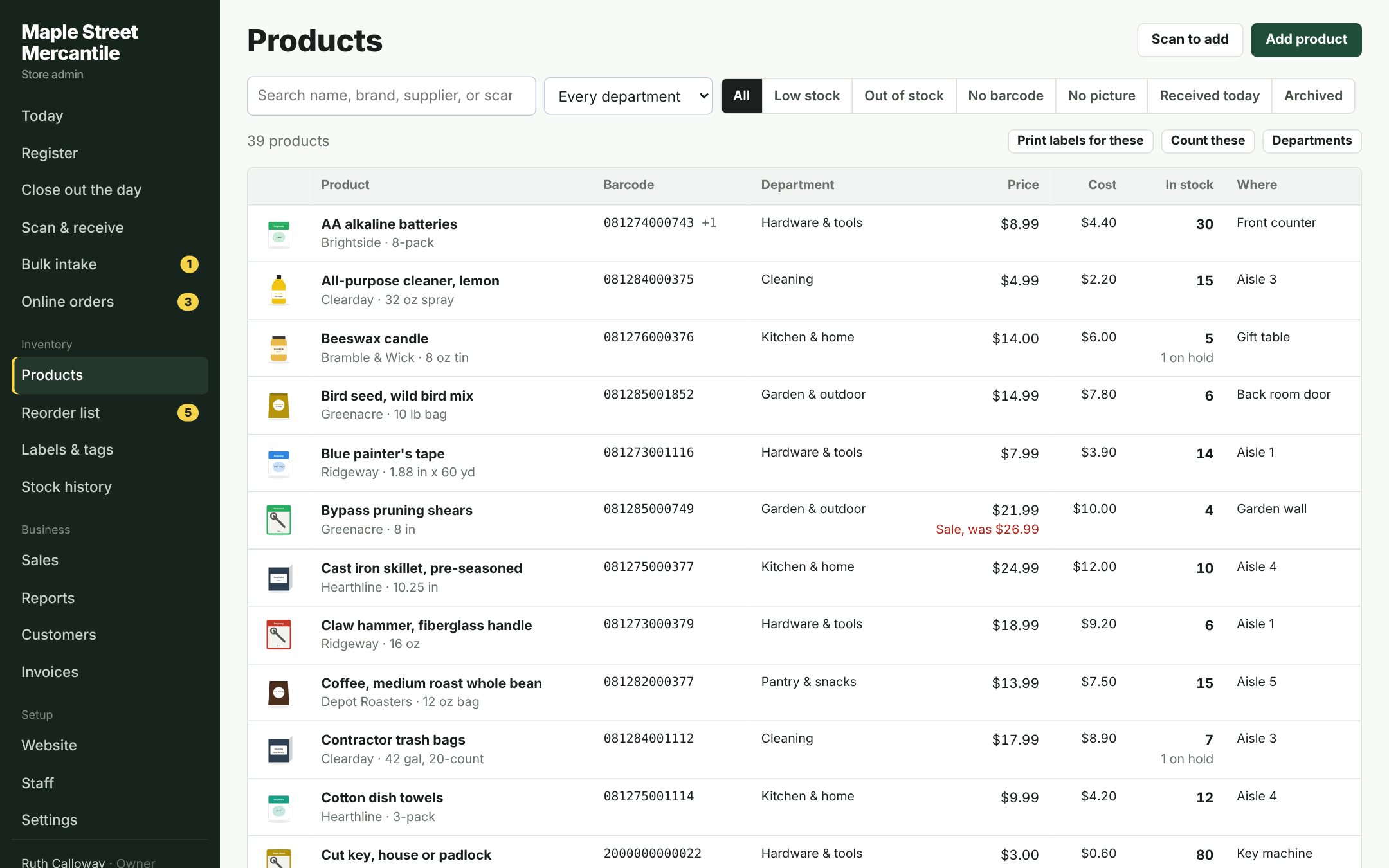 Products with barcodes, stock, and reorder levels