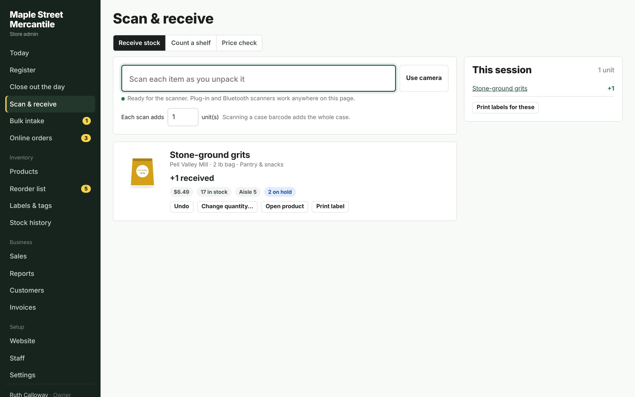 Scan & receive: every scan adds stock; new barcodes fill in the product details