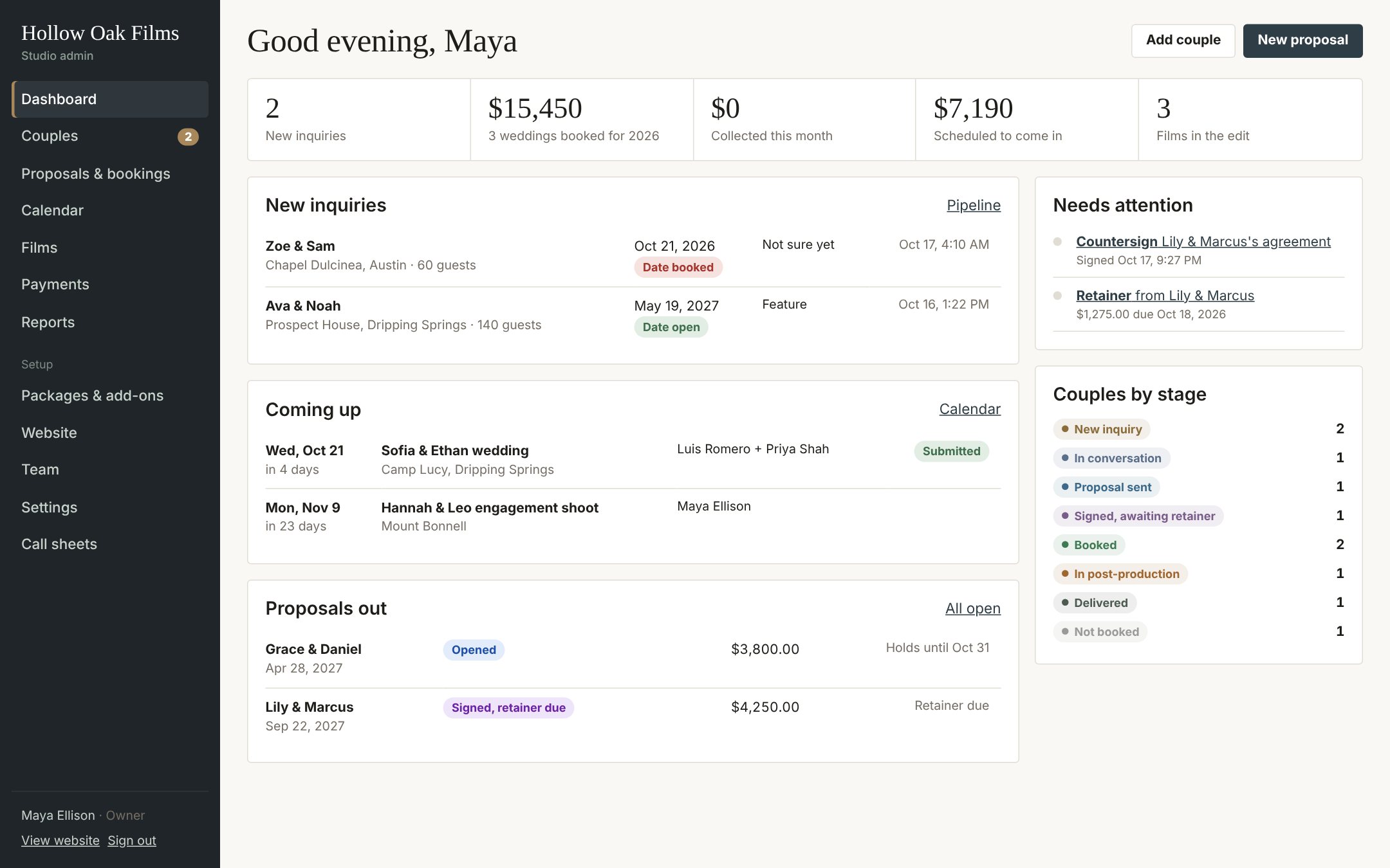 Studio dashboard: upcoming weddings, money due, and new inquiries