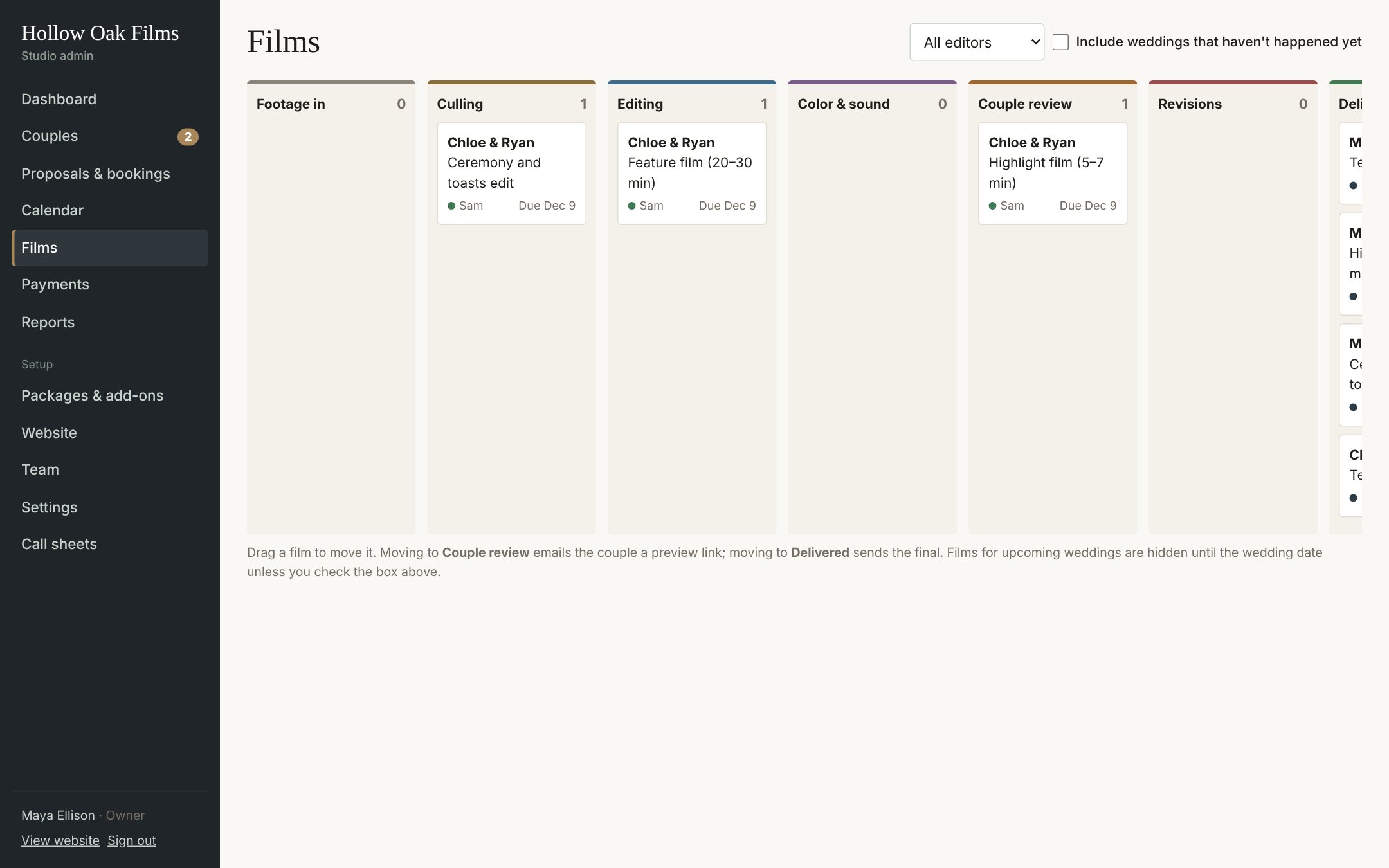Film board: editing, previews, revisions, and delivery