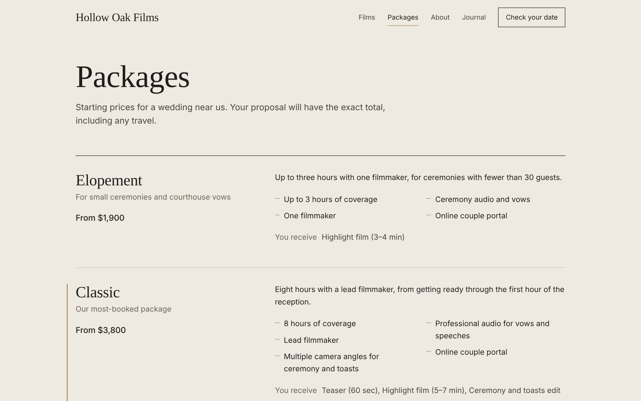 Packages and add-ons, with date availability